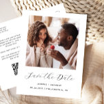 Minimal Photo Black White QR Code Save the Date Announcement Postcard<br><div class="desc">This simple, minimalist Save the Date postcard features a square photo above the words "Save the Date" in elegant black handwriting script, followed by the couple's names, wedding date and city in sans serif font on a white background. Add a more detailed message with additional information on the reverse, along...</div>