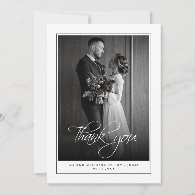 Minimal Photo Black White Wedding Thank You Card (Front)