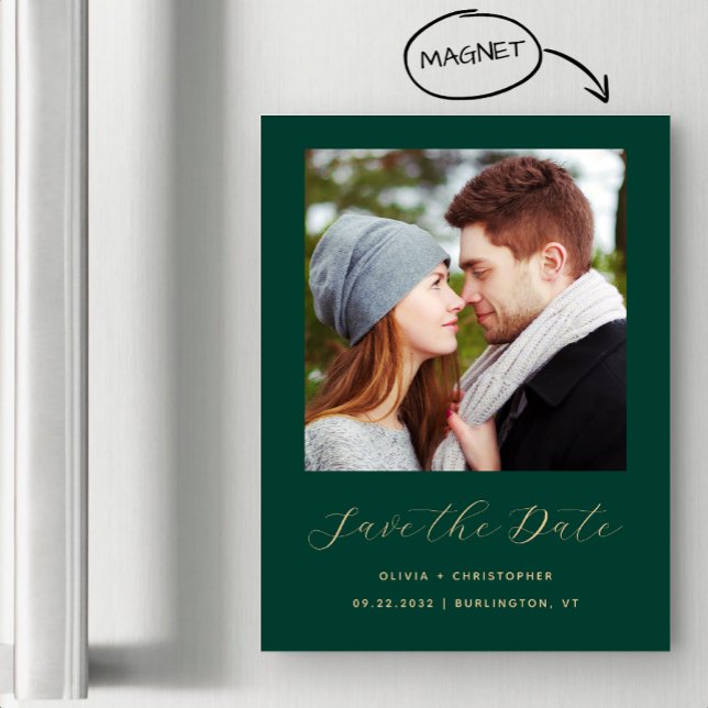 Minimal Photo Emerald Green Gold Save the Date Magnetic Invitation (Creator Uploaded)