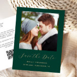Minimal Photo Emerald Green QR Code Save the Date Announcement Postcard<br><div class="desc">This simple, minimalist Save the Date postcard features a square photo above the words "Save the Date" in elegant gold-coloured handwriting script, followed by the couple's names, wedding date and city in sans serif font on an emerald green background. Add a more detailed message with additional information on the reverse,...</div>