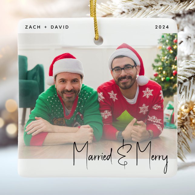 Minimal Photo Married and Merry LGBTQ Black Script Ceramic Ornament (Creator Uploaded)