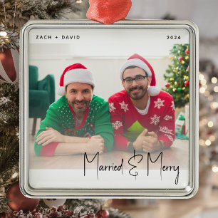 Minimal Photo Married and Merry LGBTQ Black Script Metal Ornament