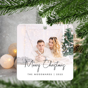 Minimal Photo Merry Christmas Grey Script Metal Ornament