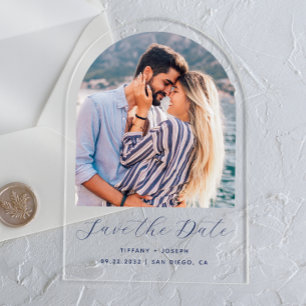 Minimal Photo Navy Blue Script Arch Save the Date Acrylic Invitations