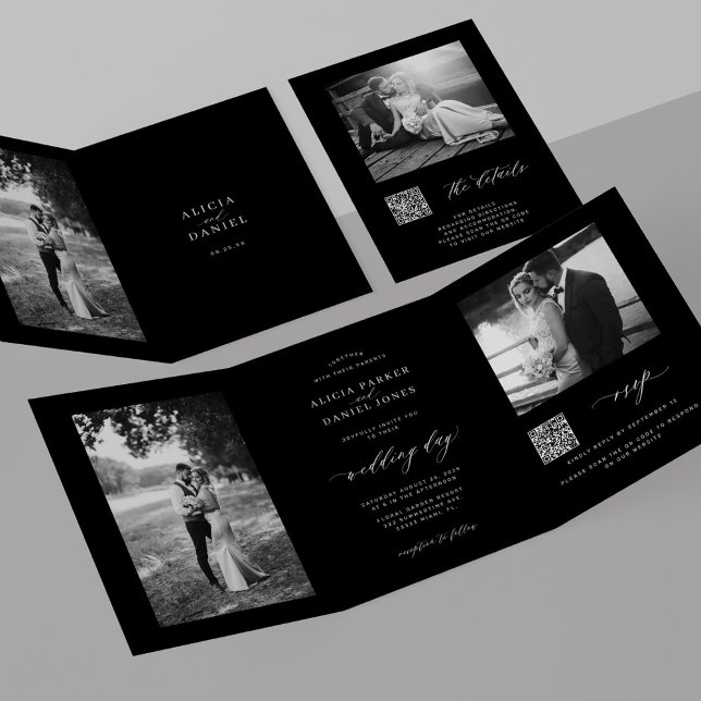Minimal photo QR code RSVP details black wedding Tri-Fold Invitation (Creator Uploaded)