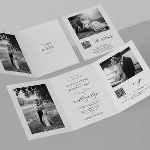 Minimal photo QR code RSVP details white wedding Tri-Fold Invitation