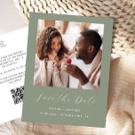 Minimal Photo Sage Green QR Code Save the Date Announcement Postcard<br><div class="desc">This simple, minimalist Save the Date postcard features a square photo above the words "Save the Date" in elegant white handwriting script, followed by the couple's names, wedding date and city in sans serif font on a sage green background. Add a more detailed message with additional information on the reverse,...</div>