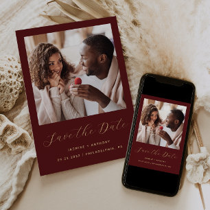 Minimal Photo Script Burgundy Gold Save The Date
