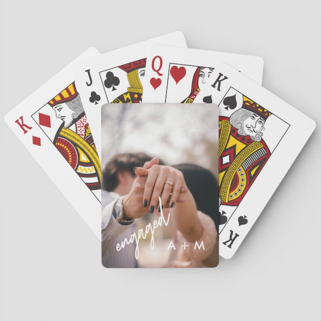 Minimal Photo Script "Engaged" Custom Initials Playing Cards (Back)