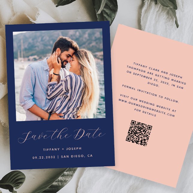 Minimal Photo Script Navy Blue Blush QR Code Save The Date (Creator Uploaded)