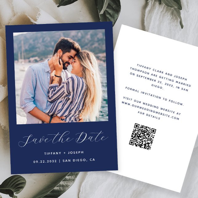 Minimal Photo Script Navy Blue QR Code Save The Date (Creator Uploaded)