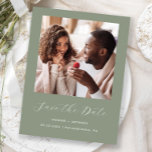 Minimal Photo Script Sage Green Save the Date Announcement Postcard<br><div class="desc">This simple, minimalist Save the Date postcard features a square photo above the words "Save the Date" in elegant white handwriting script, followed by the couple's names, wedding date and city in sans serif font on a sage green background. Add a more detailed message with additional information on the reverse,...</div>