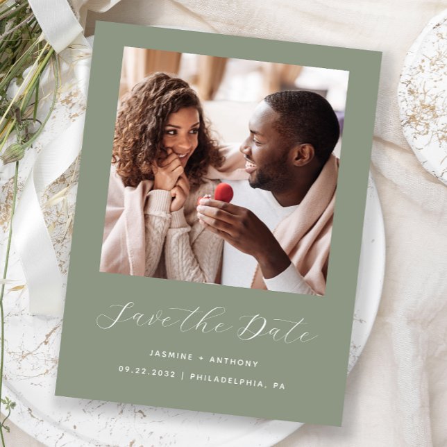Minimal Photo Script Sage Green Save the Date Announcement Postcard (Creator Uploaded)
