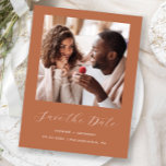 Minimal Photo Script Terracotta Save the Date Announcement Postcard<br><div class="desc">This simple, minimalist Save the Date postcard features a square photo above the words "Save the Date" in elegant white handwriting script, followed by the couple's names, wedding date and city in sans serif font on a terracotta background. Add a more detailed message with additional information on the reverse, along...</div>