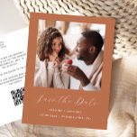 Minimal Photo Terracotta QR Code Save the Date Announcement Postcard<br><div class="desc">This simple, minimalist Save the Date postcard features a square photo above the words "Save the Date" in elegant white handwriting script, followed by the couple's names, wedding date and city in sans serif font on a terracotta background. Add a more detailed message with additional information on the reverse, along...</div>