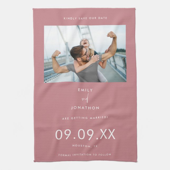 Minimal Photo Text Dusty Pink Save The Date Kitchen Towel (Vertical)