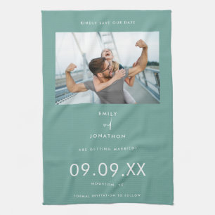 Minimal Photo Text Teal Save The Date Kitchen Towel