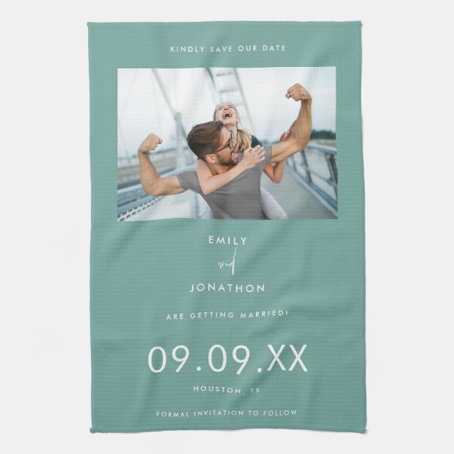 Minimal Photo Text Teal Save The Date Kitchen Towel (Vertical)