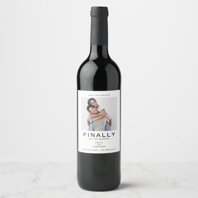Minimal Photo Typography Black White Save The Date Wine Label (Front)