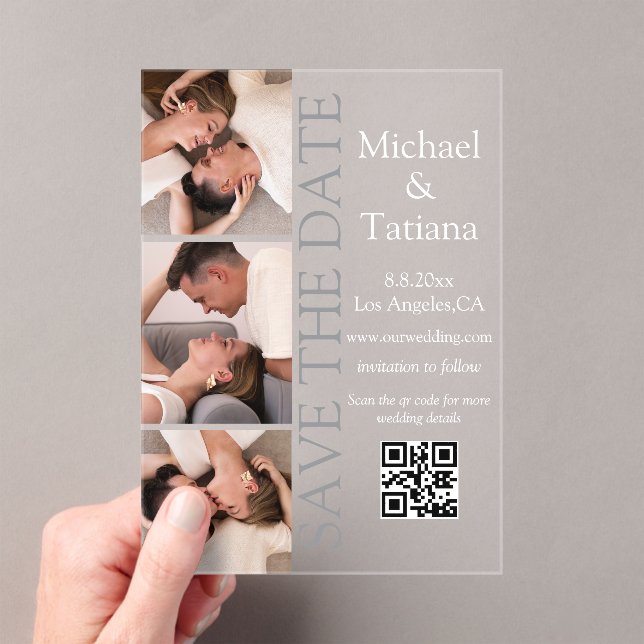 minimal photobooth 3 photos qr code save the date  acrylic invitations (Insitu (Handheld))