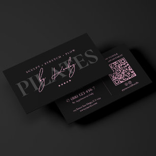 Minimal Pilates Trainer Wellness Studio Pink Black Business Card