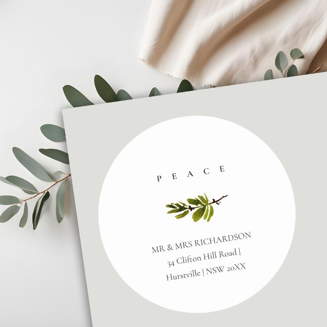 Minimal Pine Branch Christmas Address Peace Classic Round Sticker (Creator Uploaded)