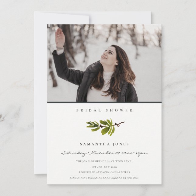 Minimal Pine Branch Photo Bridal Shower Invite (Front)