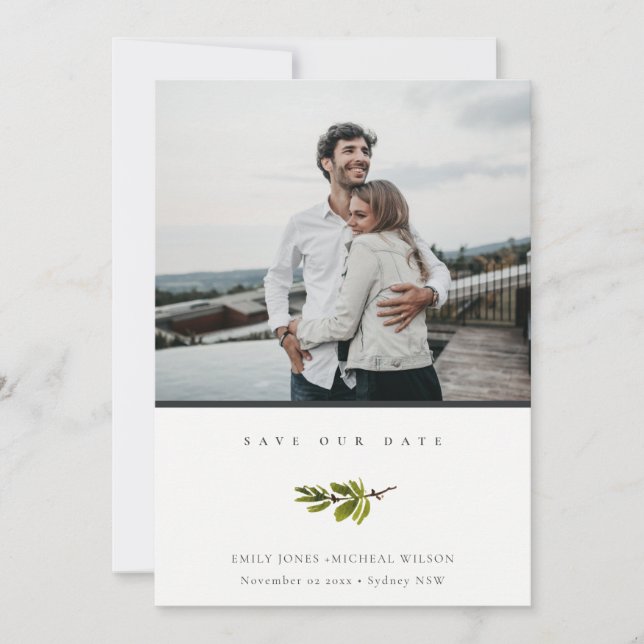 Minimal Pine Branch Photo Save the Date Invite (Front)