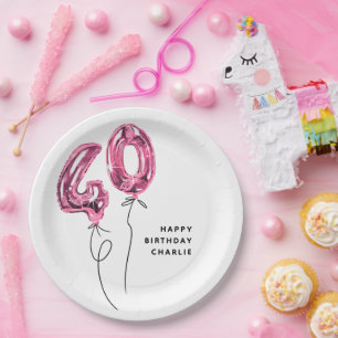 Minimal Pink 40 Balloon 40th Birthday Party Paper Plate