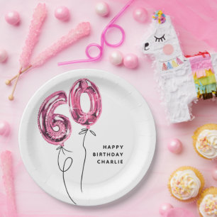 Minimal Pink 60 Balloon 60th Birthday Party Paper Plate