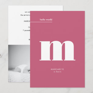 Minimal Pink Big Monogram Photo Baby Birth  Announcement