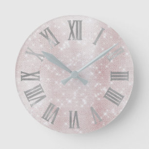 Minimal Pink Blush Silver Grey Spark Roman Numbers Round Clock
