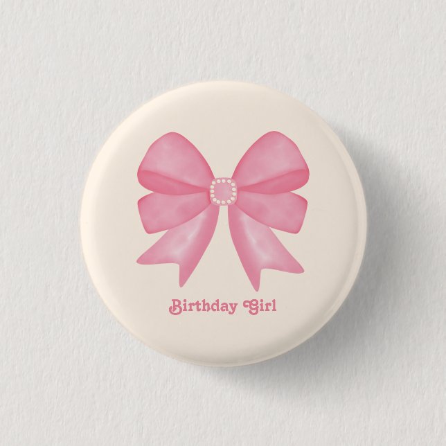 Minimal Pink Bow Sweet Birthday Girl  1 Inch Round Button (Front)