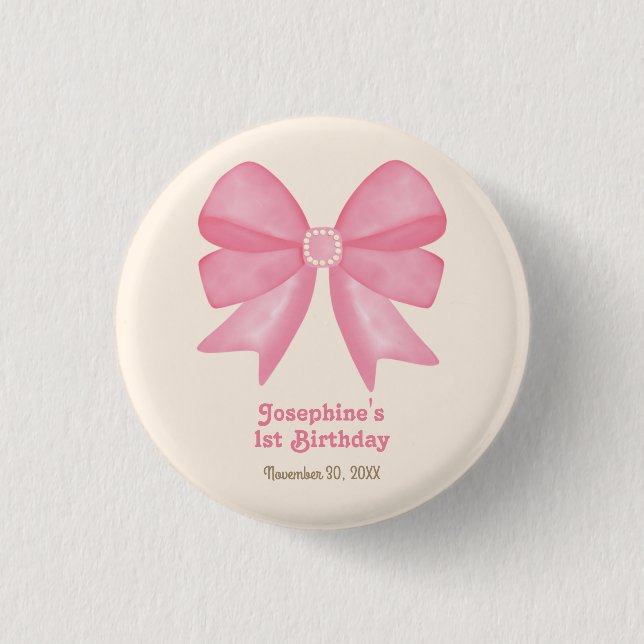 Minimal Pink Bow Sweet Girl Birthday 1 Inch Round Button (Front)
