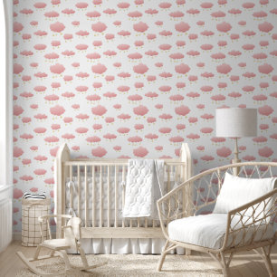 Minimal Pink Clouds Golden Stars Girl's Nursery Wallpaper