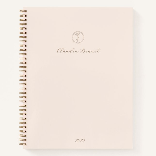 Minimal Pink Elegant Flower Logo & Script Name Notebook (Front)