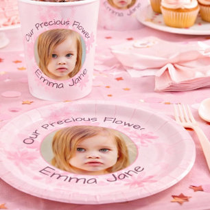 Minimal Pink Floral Photo Girl's 3rd Birthday  Paper Plate