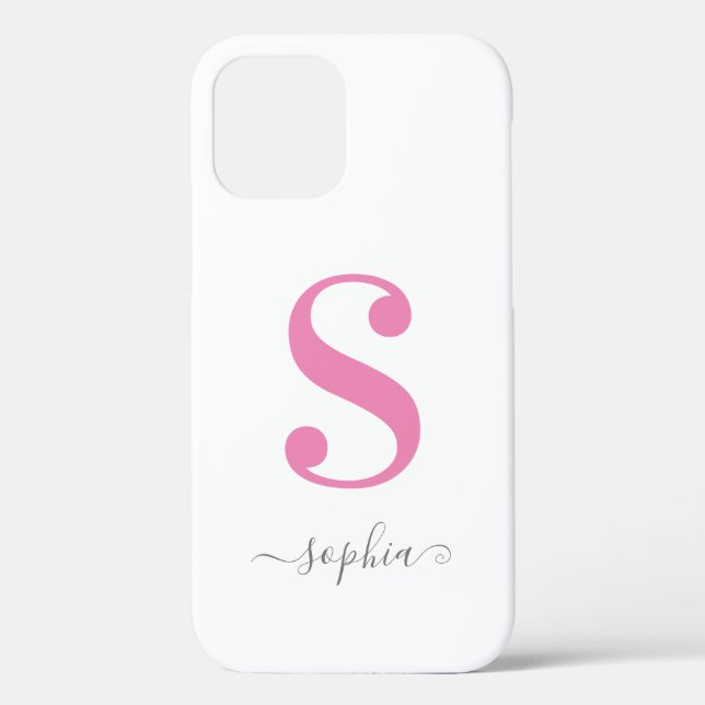 Minimal Pink Monogram with Grey Script Name White Case-Mate iPhone Case (Back)