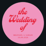 Minimal Pink Red Retro Wedding Classic Round Sticker<br><div class="desc">Retro wedding sticker featuring modern retro typography in pink and red colour.</div>