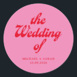 Minimal Pink Red Retro Wedding Classic Round Sticker<br><div class="desc">Retro wedding sticker featuring modern retro typography in pink and red colour.</div>