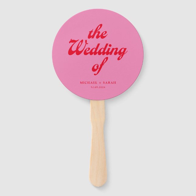 Minimal Pink Red Retro Wedding Hand Fan (Front)