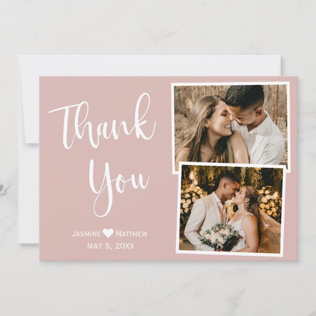 Minimal Pink Wedding Thank You Photo Collage Card (Front)