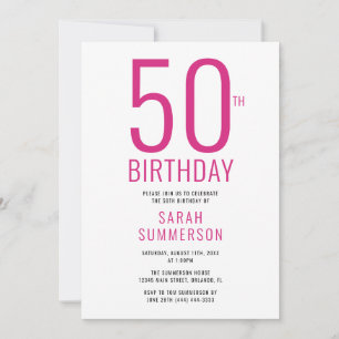 Minimal Pink White 50th Birthday Party Invitation