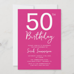 Minimal Pink White Script 50th Birthday Party Invitation