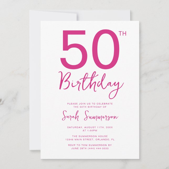 Minimal Pink White Script 50th Birthday Party Invitation (Front)