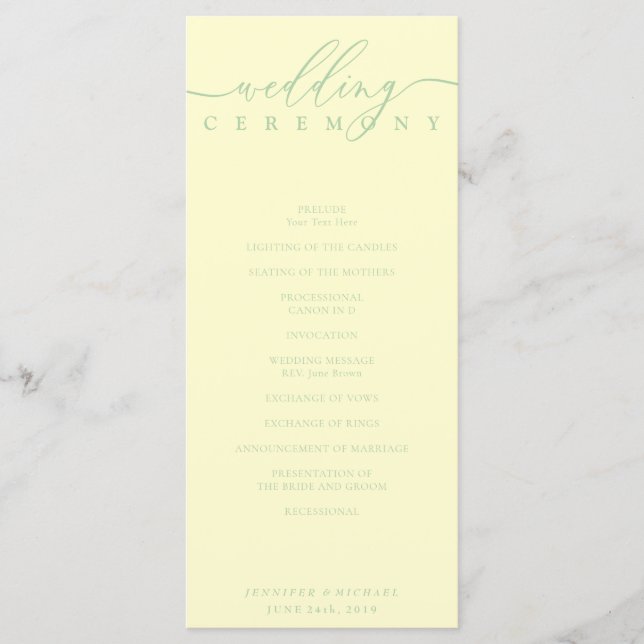 Minimal Pistachio & Cream Script Wedding Ceremony Program (Front)