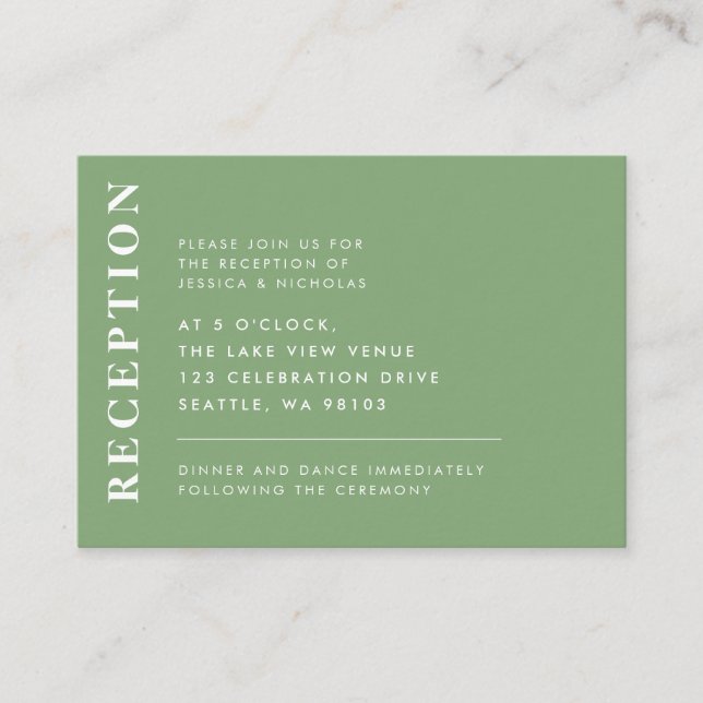 Minimal Pistachio Modern Wedding Reception Enclosure Card (Front)