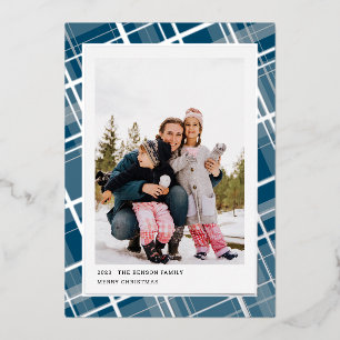 Minimal Plaid One Photo Blue Vertical Real Foil Holiday Card