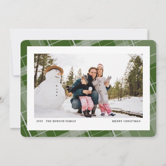 Minimal Plaid One Photo Green Horizontal Holiday Card (Front)