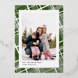 Minimal Plaid One Photo Green Vertical Real Foil Holiday Card
